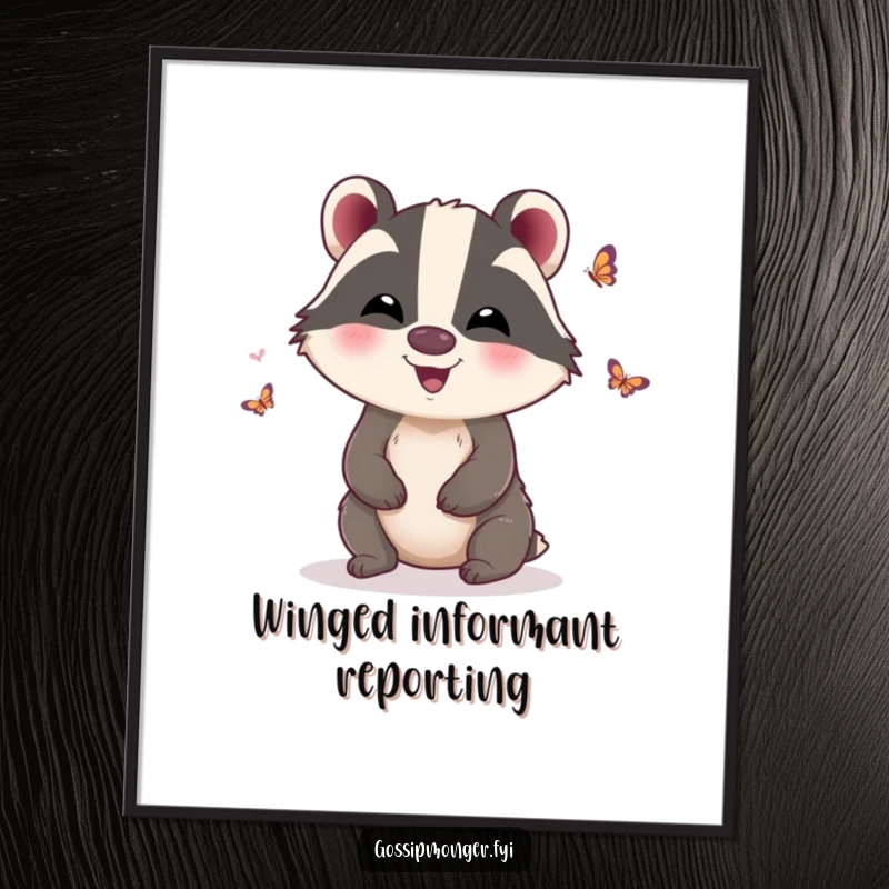 Funny Digital Art Print: Giggling badger with butterfly wings, showcasing funny mischief and joy, ideal funny gift.