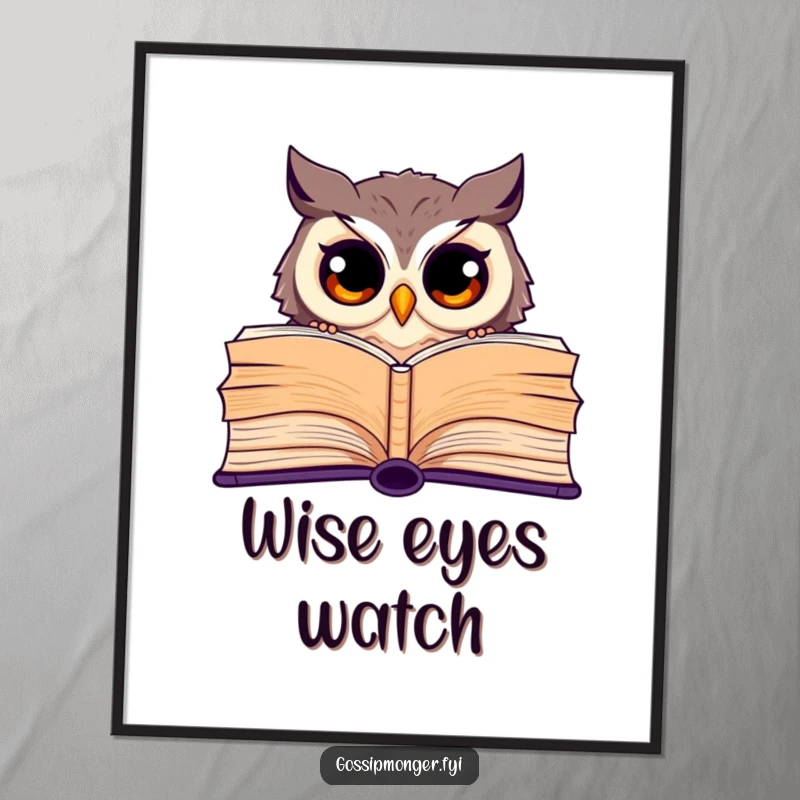 Funny digital art print of a curious owl with wide eyes peeking from behind a giant open book, wall decor.
