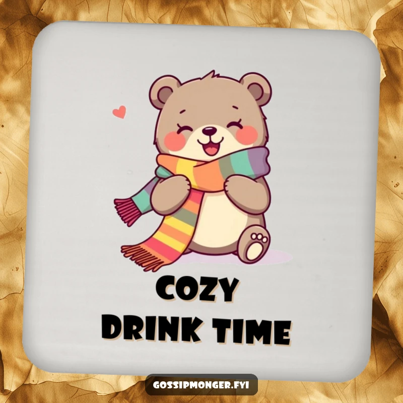 Funny drink coaster showing a joyous bear happily knitting a long scarf, protecting surfaces with charm.