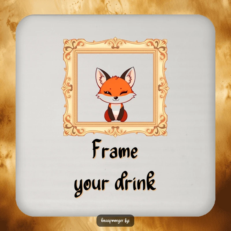 Funny red fox with a mischievous wink, popping out of a giant ornate empty picture frame, absorbent drink coaster.