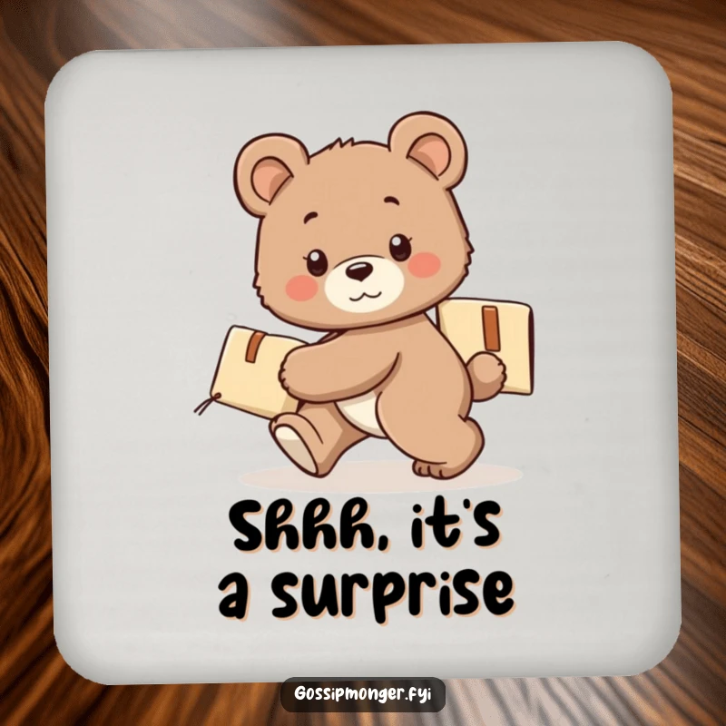 Funny bear cub drink coaster, tiptoeing with a secret package, protecting surfaces with a playful stealth.
