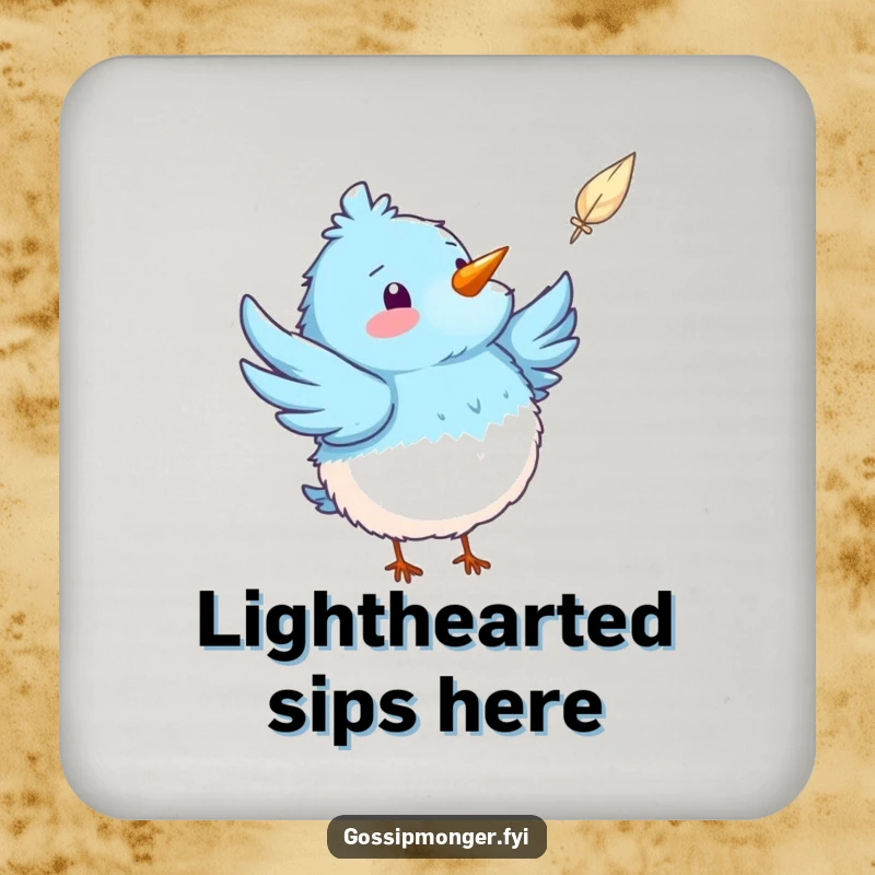 Funny blue bird coaster featuring a fluffy bird pointing at a floating feather, protecting surfaces with a dose of whimsical joy.