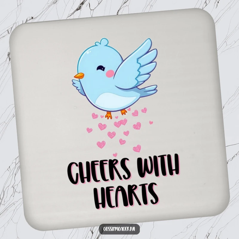 Funny Bluebird Hearts Coaster: A coaster with a bluebird dropping hearts, protecting surfaces with a touch of playful love and humor.