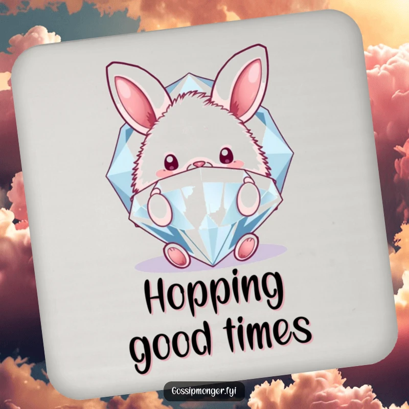 Funny drink coaster showcasing a fluffy bunny peeking behind a sparkling diamond, adding a touch of cute charm and humor.