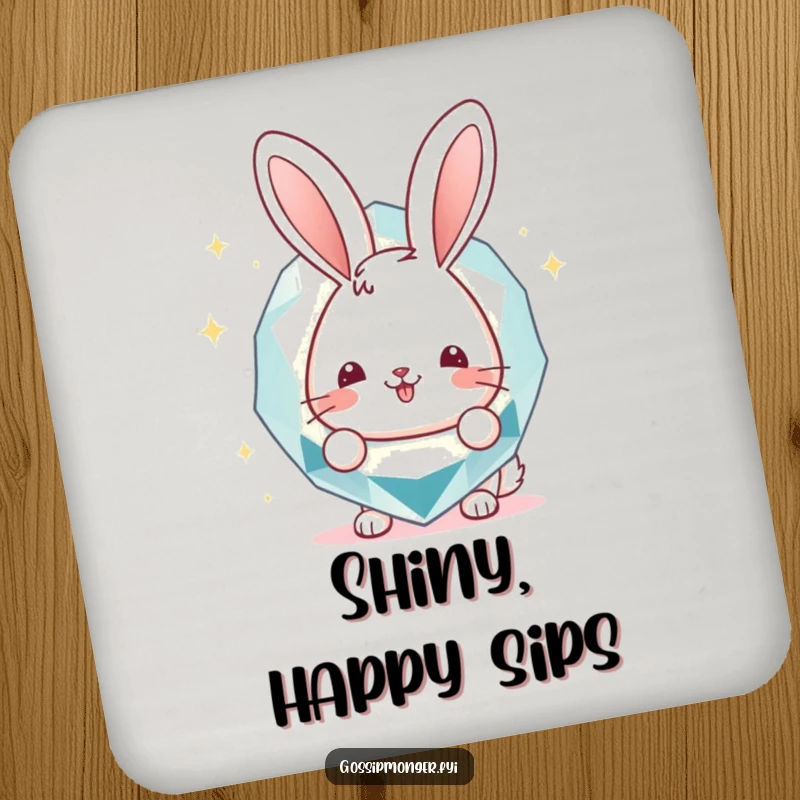Funny Coaster: Cheerful bunny peeking from behind a giant, glittering gemstone, a small but funny addition to any home, perfect funny gift.