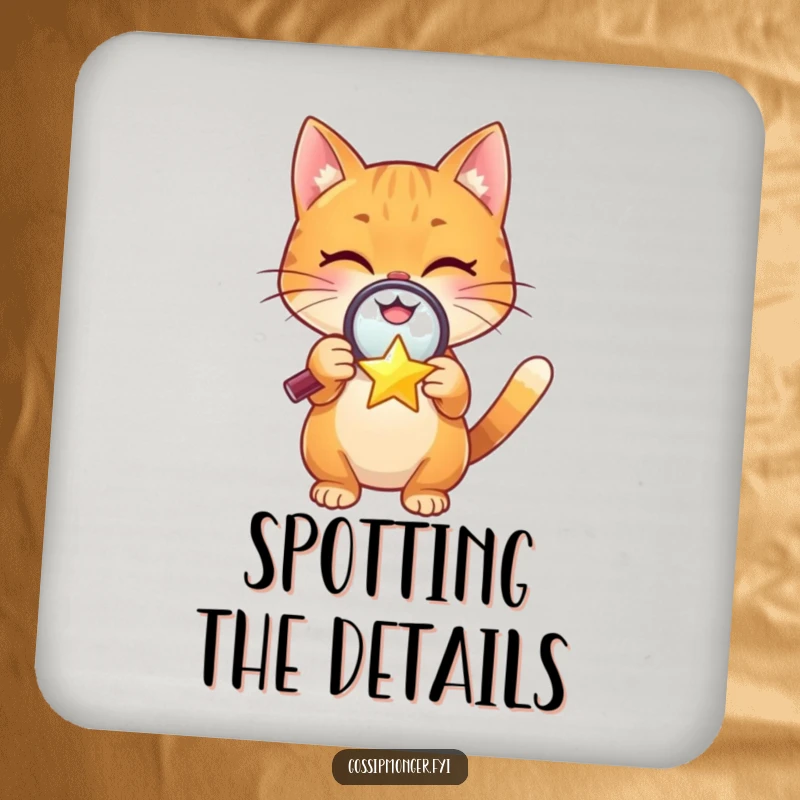 Funny drink coaster with a cheerful orange cat examining a tiny, winking star, protecting surfaces with cute curiosity.