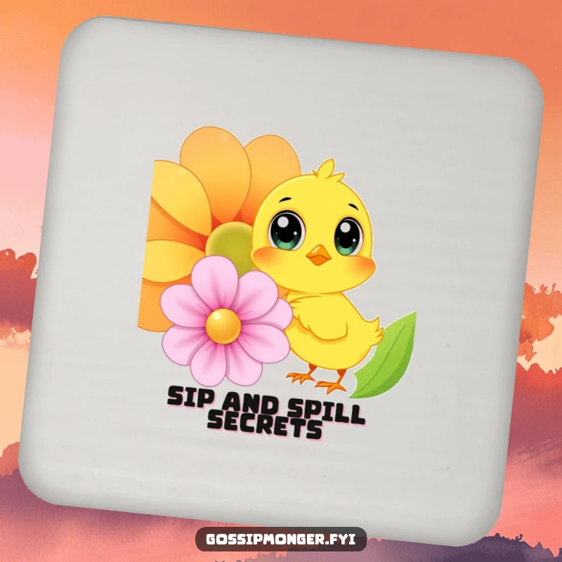 Funny Chick Coaster: A small coaster featuring a yellow chick with big eyes whispering secrets to a flower, a humorous and functional item.