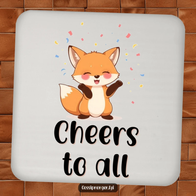 Funny fox coasters featuring a giggling fox playfully tossing confetti, perfect for protecting tables during parties.