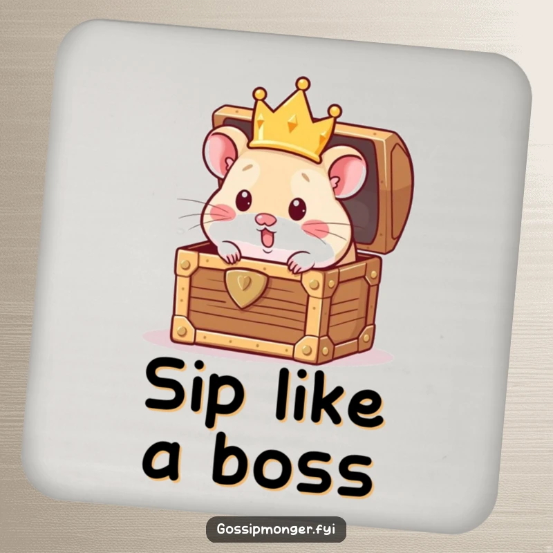 Funny Coaster: A curious hamster wearing a crown peeks from a treasure chest, a small yet funny addition to any table, perfect funny gift.