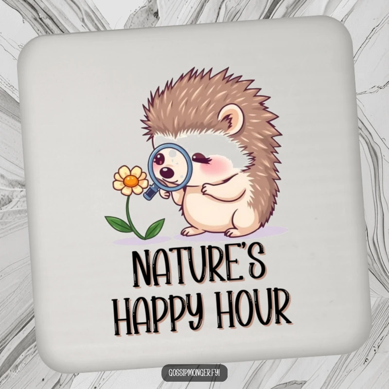 Funny tiny hedgehog with a magnifying glass looking at a whispering flower, printed on a drink coaster, providing humorous table protection.