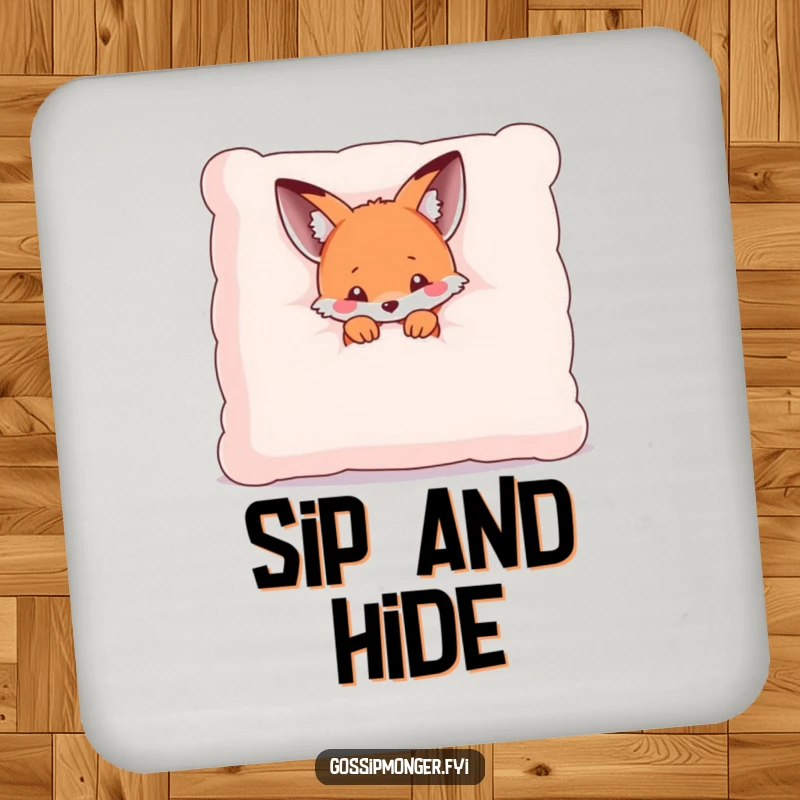 Funny coaster featuring a tiny kawaii fox peeking from behind a giant plush pillow, bringing shy charm and adorable humor.