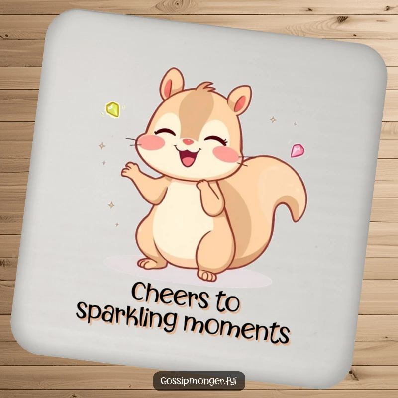 Funny Kawaii Squirrel Coaster: A cheerful, cute squirrel juggles tiny, sparkling gems with a delighted expression, a humorous drink protector.