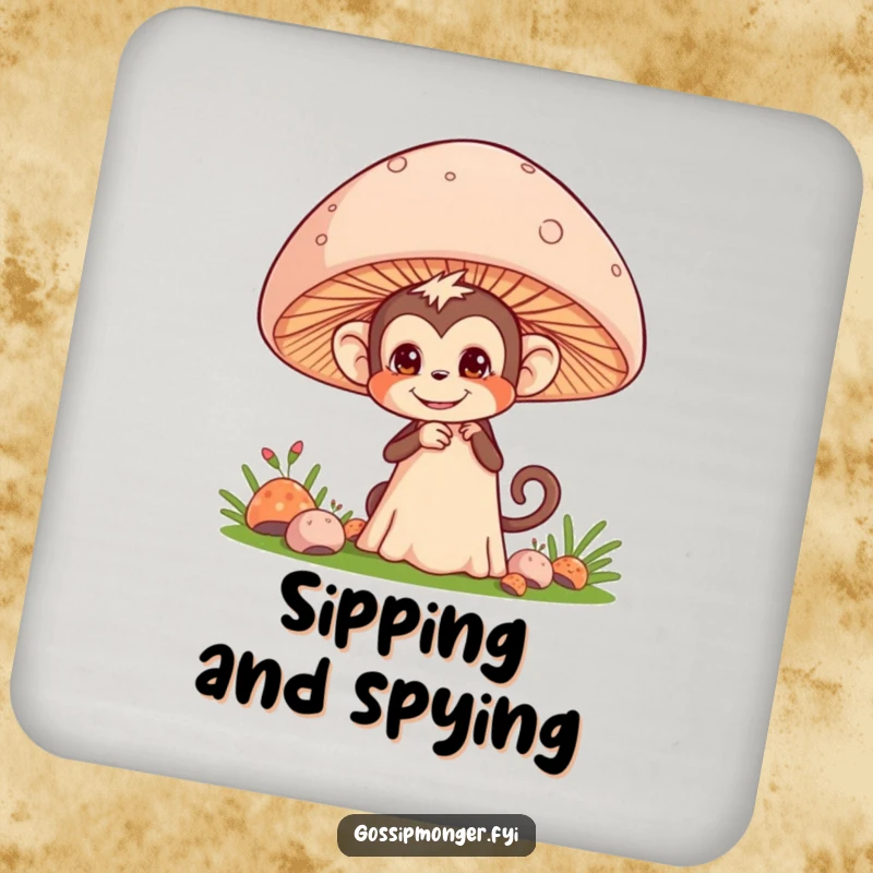 Funny coasters with mischievous monkeys pretending to eavesdrop behind giant mushrooms, perfect for secret keepers.