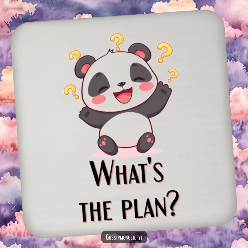Funny drink coaster featuring a giggling panda bear juggling glowing question marks, protecting surfaces with whimsical charm.