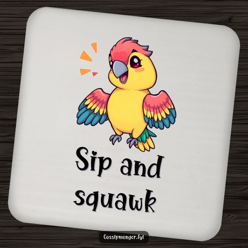 Funny technicolor parrot with a sassy tilt of its head, mimicking a sound effect with its wings, absorbent drink coaster.