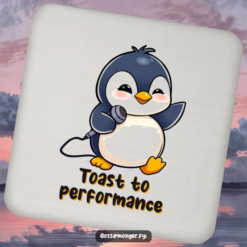 Funny drink coaster with a tiny penguin winking and holding a microphone. Musical accent.