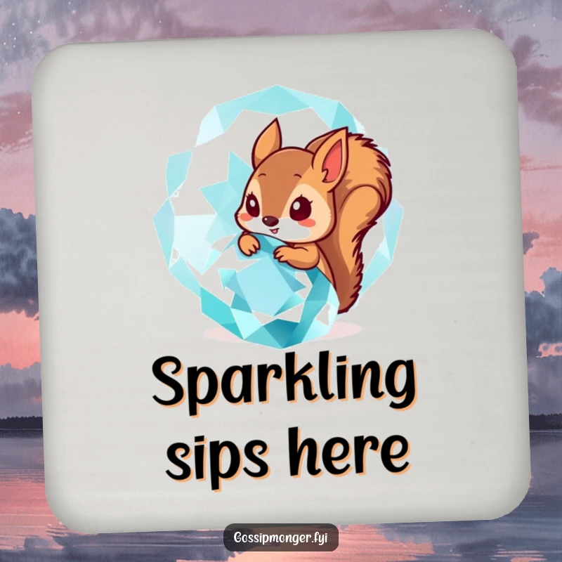 Funny Coaster: A tiny squirrel peeks from behind a huge, sparkling gemstone, protecting surfaces with a dose of funny wonder.
