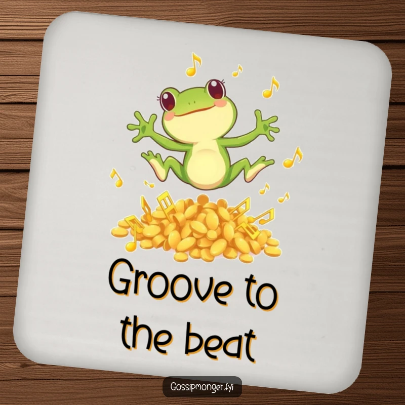 Funny drink coaster with a small green frog joyfully leaping from musical notes, protecting surfaces with musical charm.