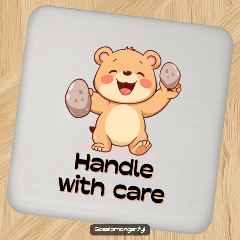 Funny bear coasters featuring a joyful bear cub grinning while juggling three oversized shiny pebbles, adding cheer.