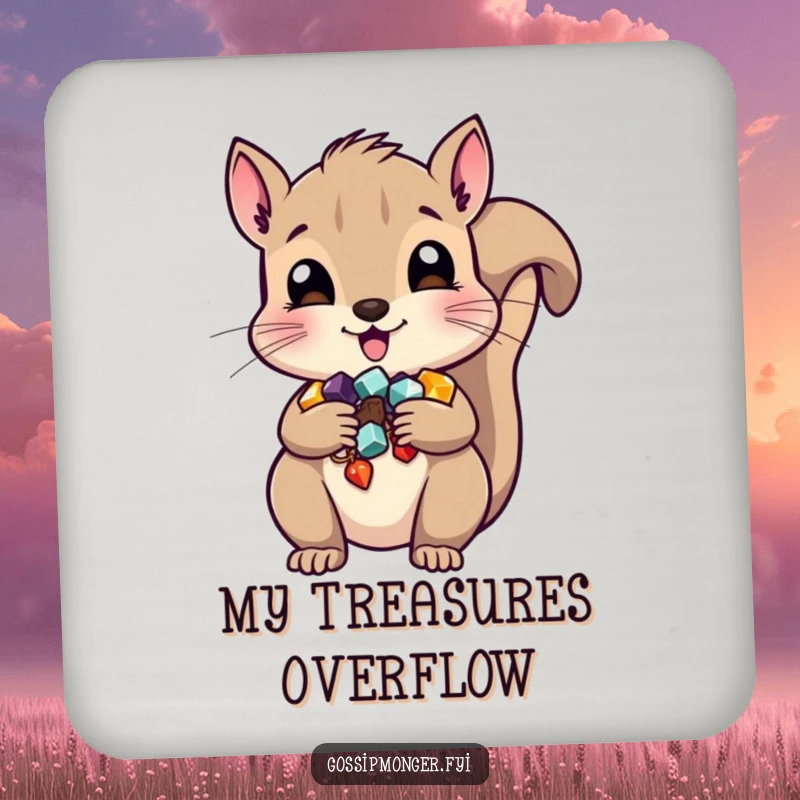 Funny squirrel drink coasters, featuring a mischievous character hiding shiny trinkets, protecting surfaces humorously.