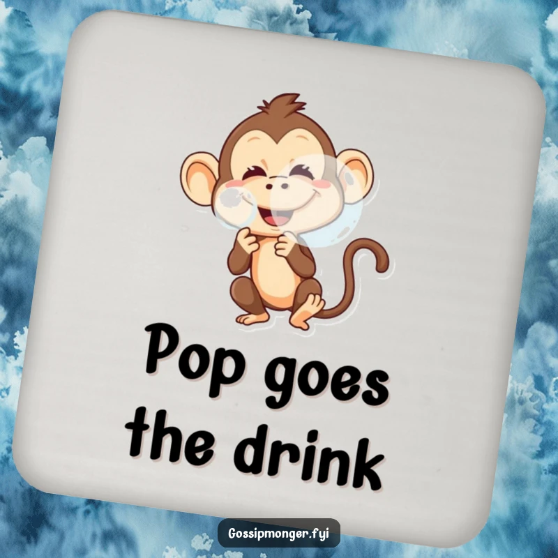 Funny drink coaster showing a mischievous monkey blowing a large bubble with a playful grin.