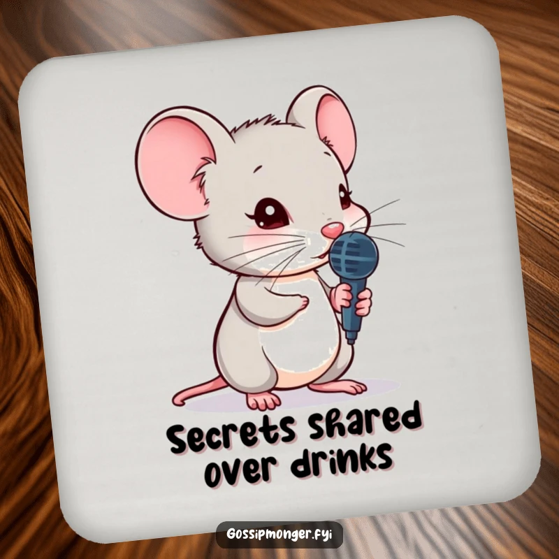 Funny mouse drink coaster, holding a tiny microphone, leaning to hear a secret, protecting surfaces with curiosity.