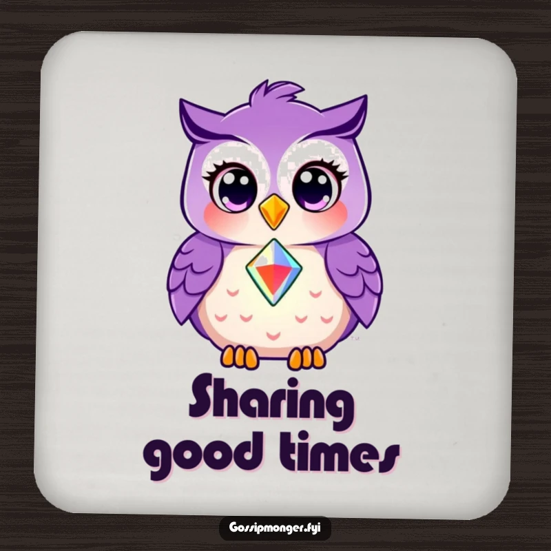 Funny drink coaster with a smiling purple owl sharing a shining gem, protecting surfaces with a message of friendship.