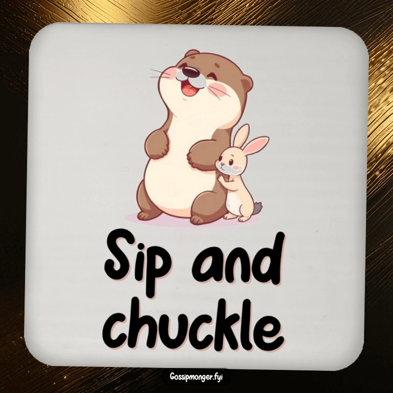 Funny otter coasters featuring a delighted otter slapping its belly while a tiny rabbit whispers, adding amusement.