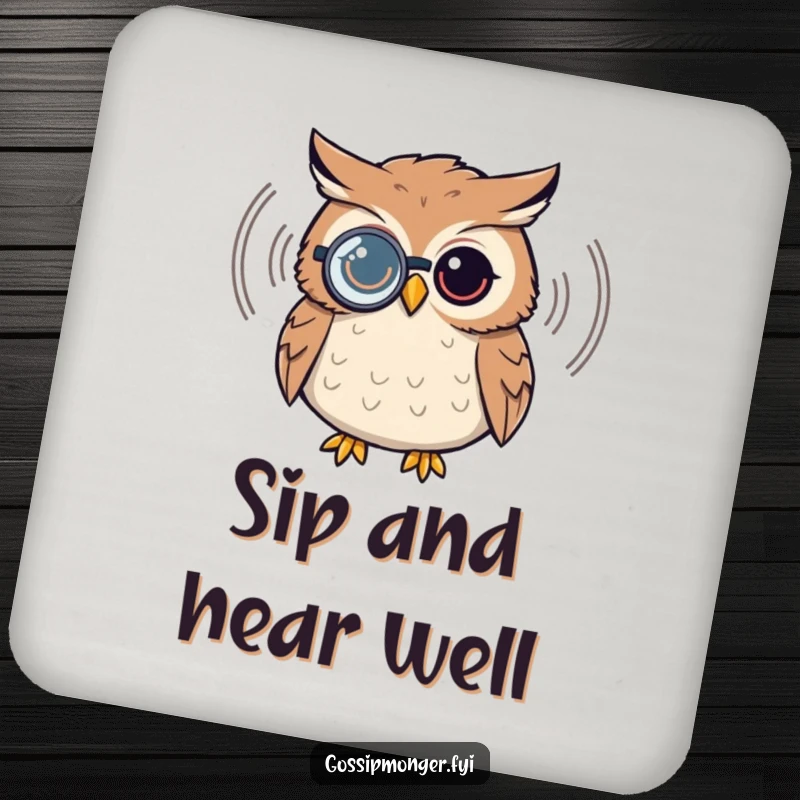 Funny owl drink coaster, wearing a monocle, listening to a sound wave, protecting surfaces with sophistication.