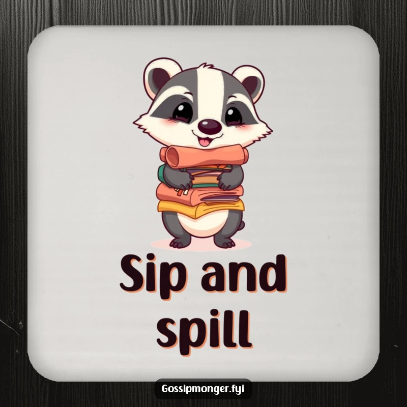 Funny drink coasters featuring a cheerful badger balancing a stack of colorful, gossip-filled scrolls, perfect for protecting surfaces with playful charm.