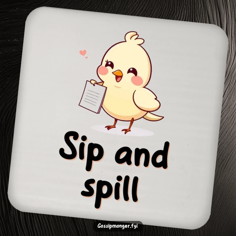 Funny gossiping bird coaster, a cheerful bird carrying a small note, providing playful, humorous protection for tabletops.