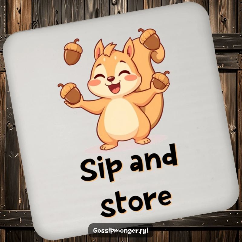 Funny drink coasters featuring a cheerful squirrel juggling acorns, adding a touch of whimsy to any table setting.