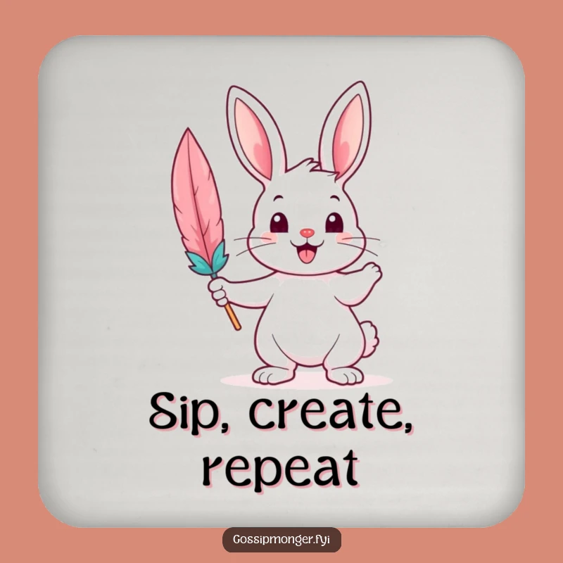 Funny Bunny Coaster: Cheerful Writer with Quill Decor, Protect Surfaces Gift