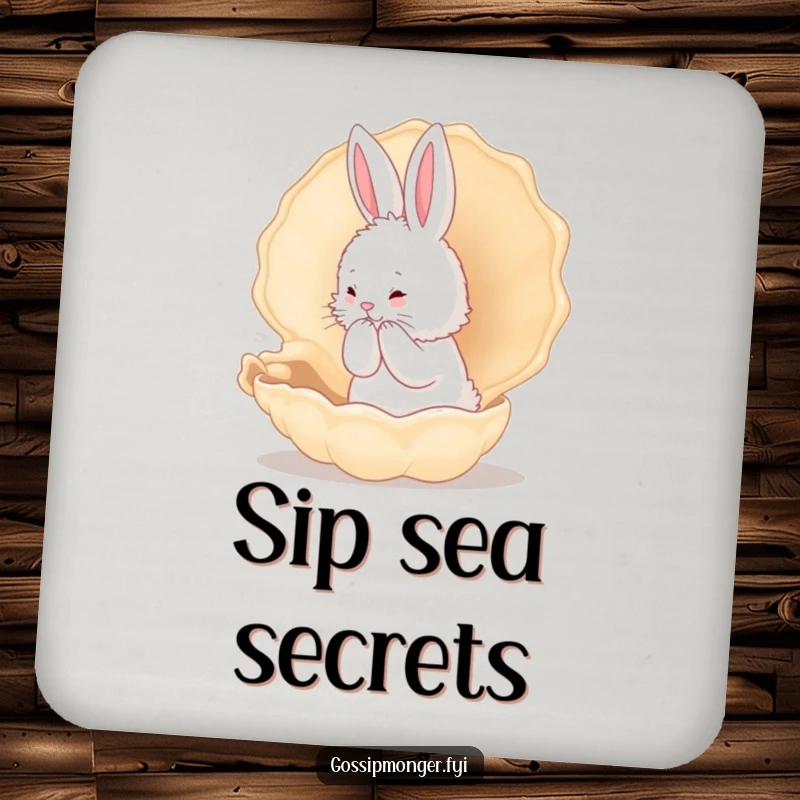 Funny Bunny Coaster Set: A fluffy white rabbit whispers secrets into a large conch shell, offering humorous table protection.