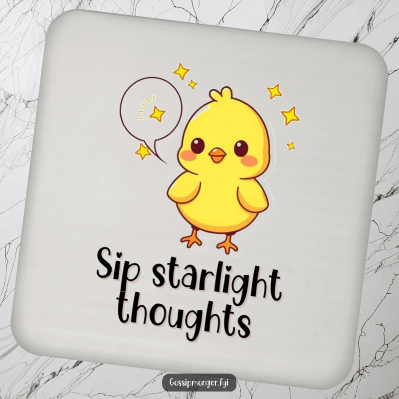 Funny Chick Coaster Set: A bright yellow chick speaks dreams filled with twinkling stars, offering whimsical and funny protection.