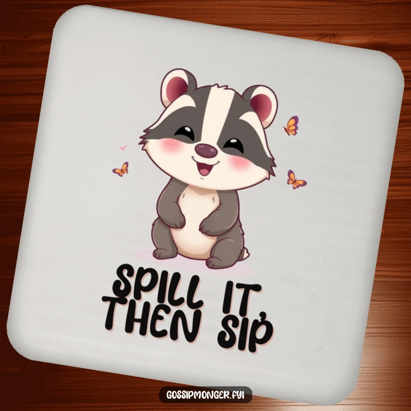 Funny Coaster: A giggling badger with tiny butterfly wings, a small yet funny addition to any table, perfect funny gift.