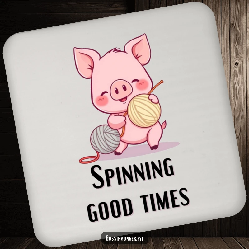 Funny piglet drink coaster, spinning a yarn ball with excitement, rosy cheeks, protecting surfaces with playfulness.