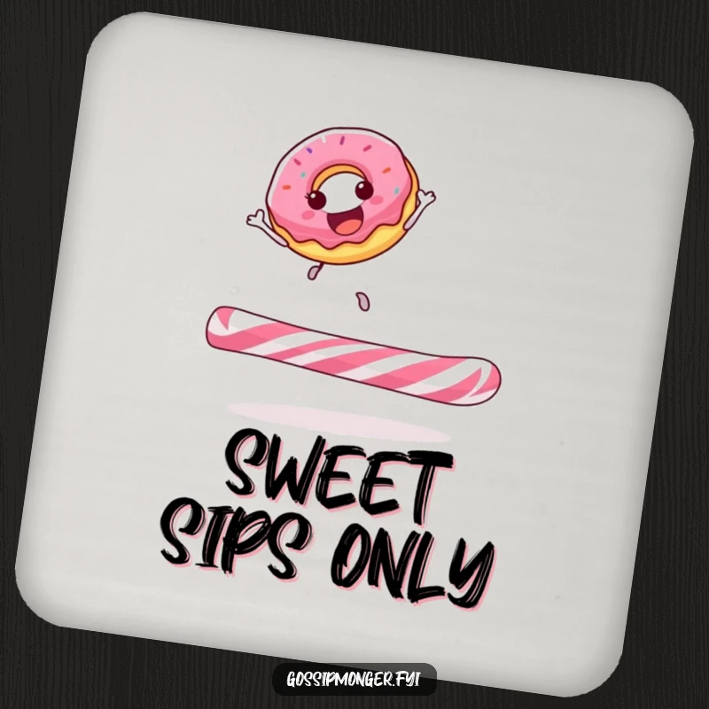 Funny donut coaster with a happy donut gleefully bouncing on a giant candy cane, protecting surfaces with sweet humor.