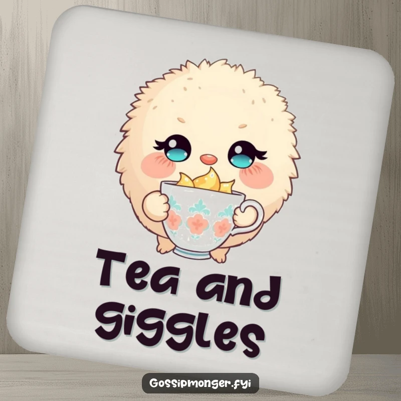 Funny coaster with a round, fluffy creature winking slyly, holding a tiny, overflowing teacup, protecting surfaces with charm.