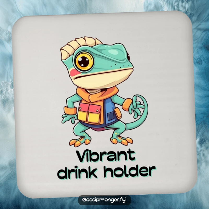 Funny chameleon coaster with a confident chameleon wearing a unique, brightly colored outfit, adding stylish humor to surfaces.