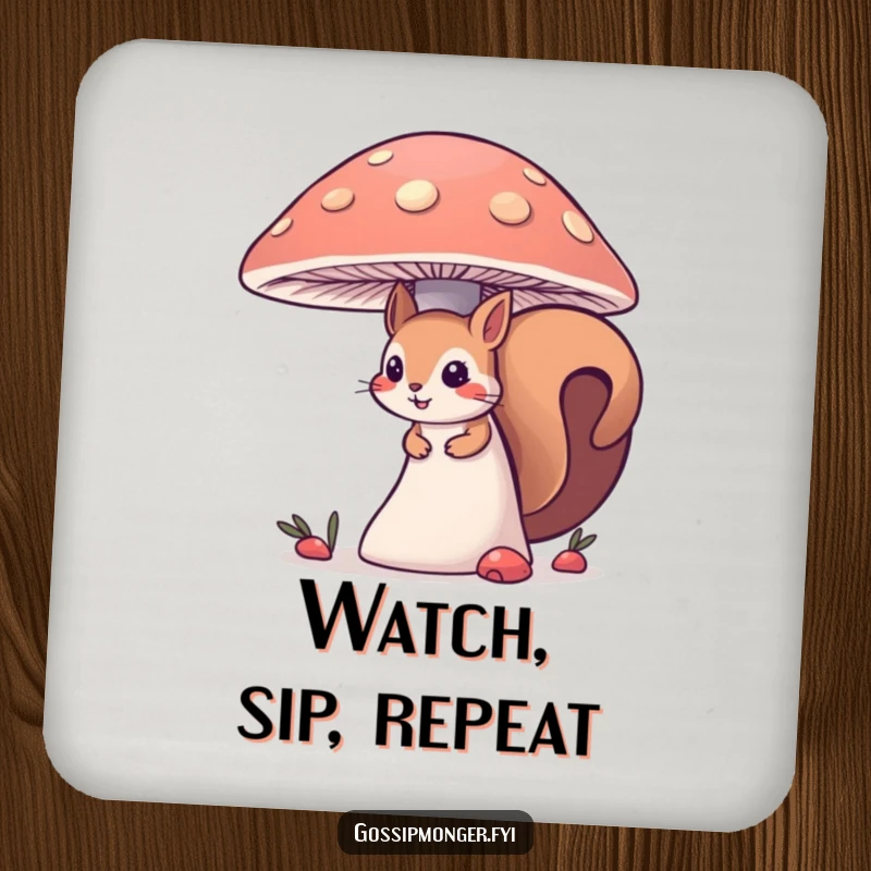 Funny curious squirrel coaster, a squirrel peeking from behind a giant mushroom, providing charming, humorous protection for tabletops.