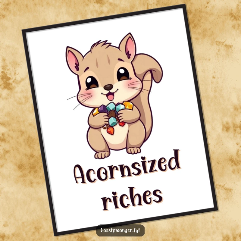 Funny squirrel art print, a mischievous creature hoarding shiny trinkets in its cheeks, perfect humorous wall decor.