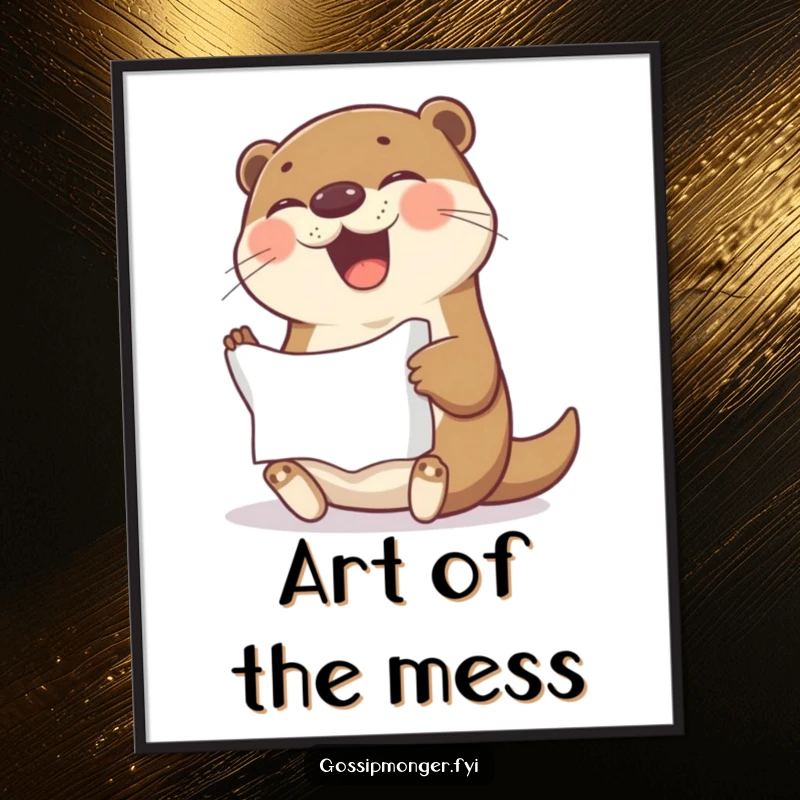 Funny Poster: A gleeful otter giggles while holding a piece of crumpled paper, a whimsical piece of art.