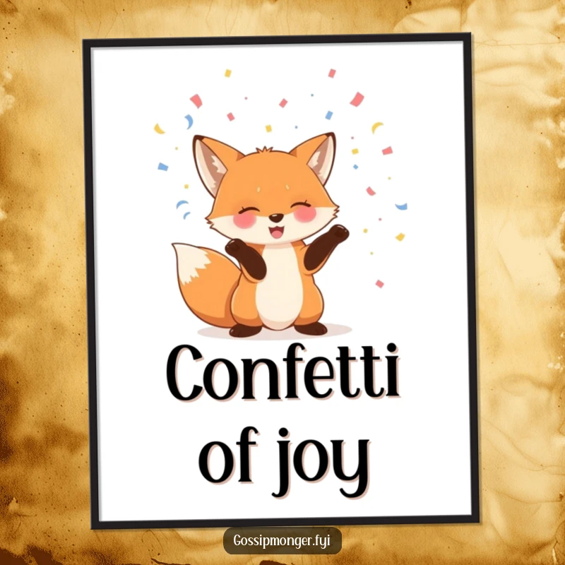 Funny fox poster print of a giggling fox merrily tossing confetti into the air with its paws, celebrating joyfully.