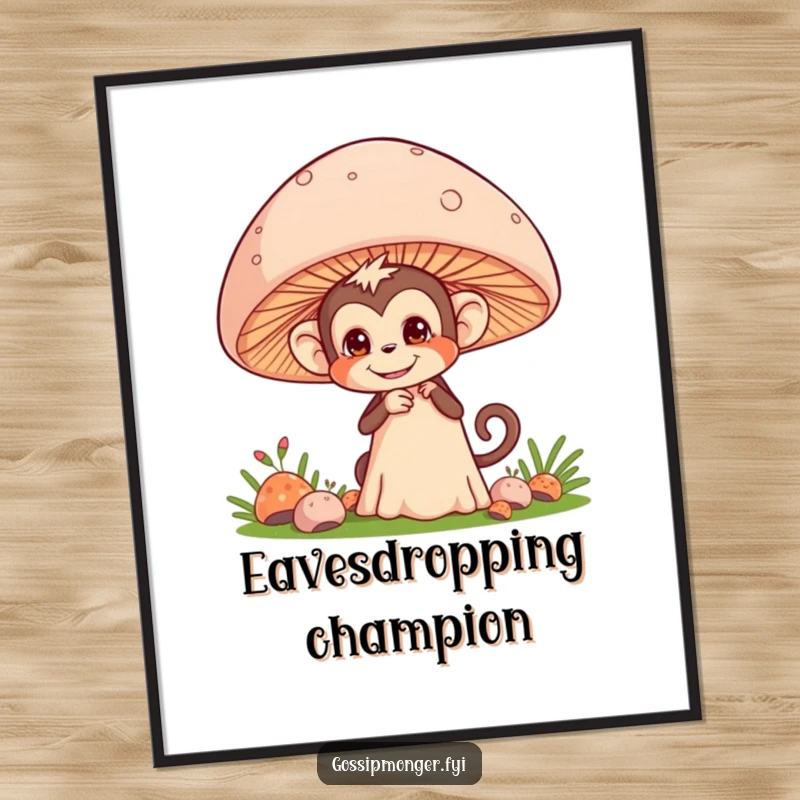 Funny poster art of a mischievous monkey hiding and peeking from behind a giant mushroom, showing stealth.