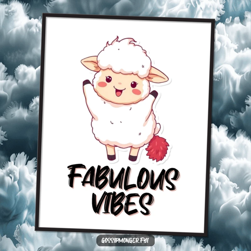 Funny poster showcasing a fluffy sheep excitedly waving a red feather boa, adding diva flair to decor.