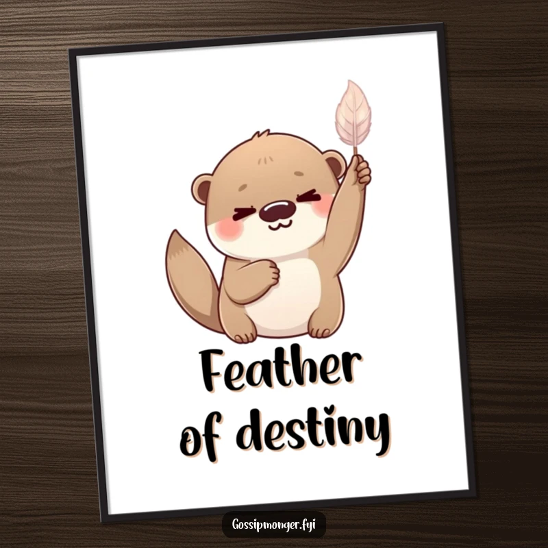 Funny playful otter with a knowing smile, holding a delicate shimmering feather aloft, whimsical wall art.