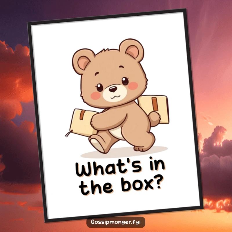 Funny bear cub art poster, tiptoeing with a secret package, adorable illustration, whimsical and cute wall decor.