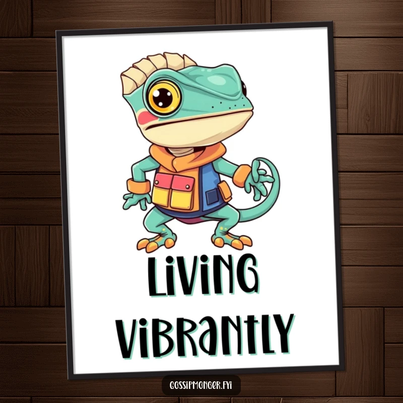 Funny chameleon poster displaying a confident chameleon sporting a unique, vibrantly colored outfit, perfect for adding artistic flair.