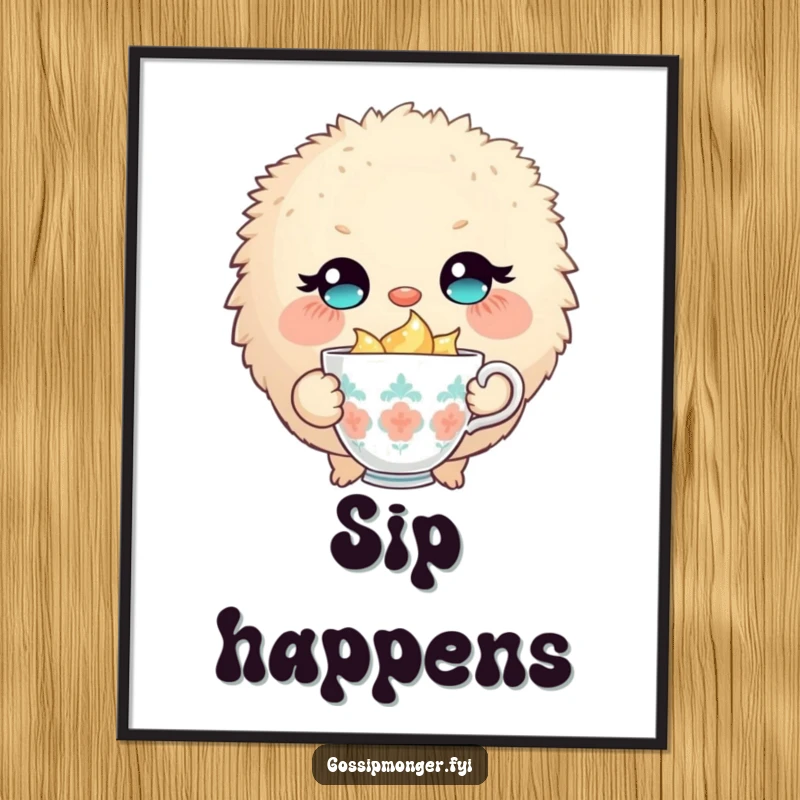 Funny poster showcasing a round, fluffy creature with large eyes, winking slyly, holding a tiny, overflowing teacup.